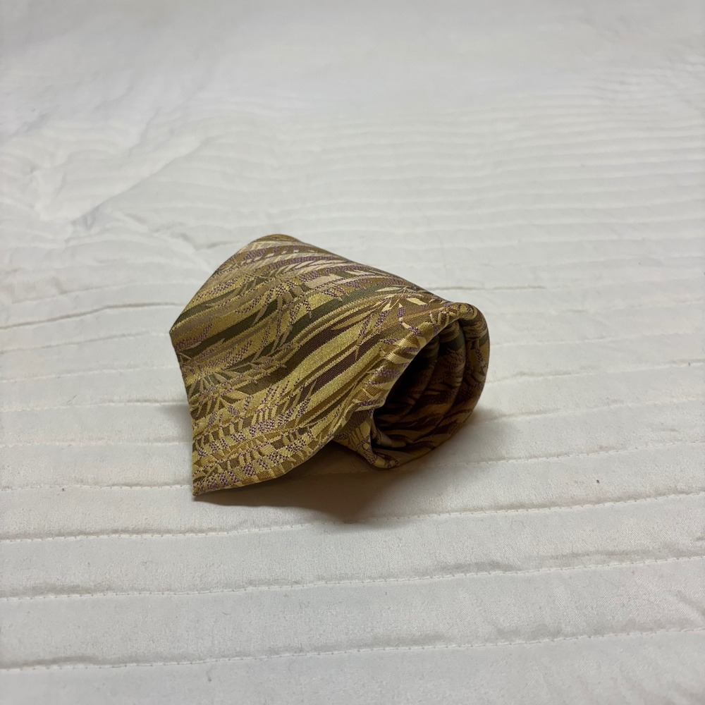 Tommy Bahama Mens Silk Tie Gold Green Tropical Palm Leaf Stripe USA Made